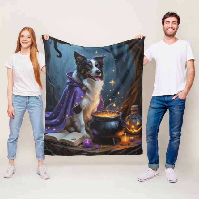 Gräns Collie Hund Whimsical Halloween-målning Fleecefilt (På plats)