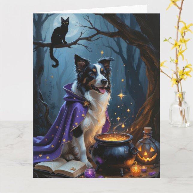 Gräns Collie Hund Whimsical Halloween-målning Kort (Gul blomma)