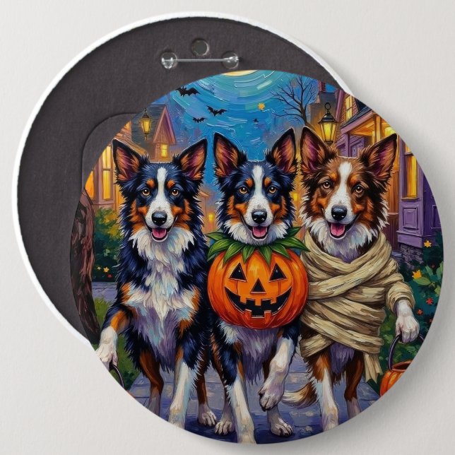Gräns Collie Hundar Trick-or-Treating in Halloween Knapp (Framsida & baksida)
