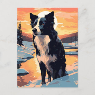 Gräns Collie i snöskogen under solnedgången Vykort