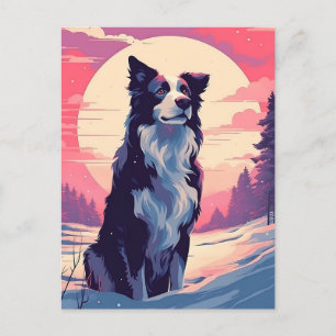 Gräns Collie i snöskogen under solnedgången Vykort