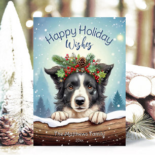Gräns Collie in Rustic Snowing Forest Lycklig Julkort