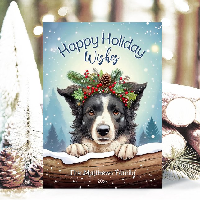Gräns Collie in Rustic Snowing Forest Lycklig Julkort (Adorable Winter Snowy Scene With Peeking Dogs or Farm/Woodland Animals - Over 50 to Choose From!)