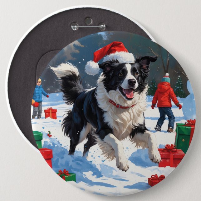 Gräns Collie Jul Festive Snö Scene Knapp (Framsida & baksida)