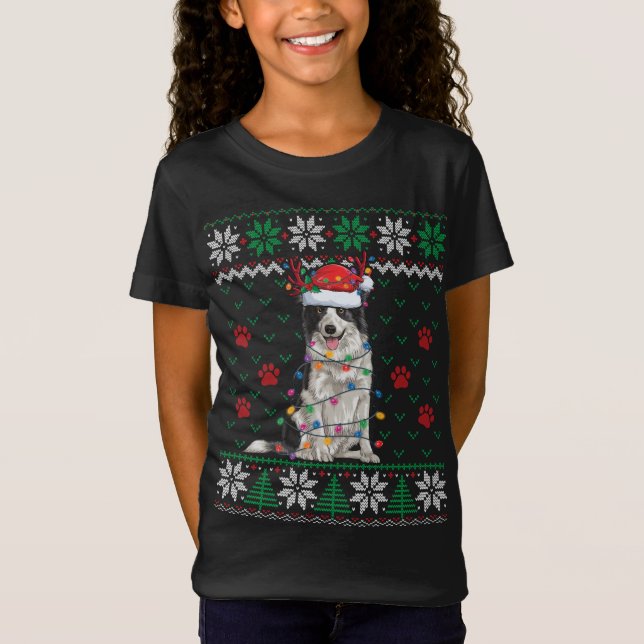 Gräns Collie jul Ljus Santa Reindeer Ugly T Shirt (Framsida)