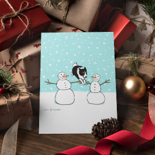 Gräns Collie med Snögubbar God Hund jul Helgkort