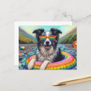 Gräns Collie på ett regnbåge Färg Flyter Vykort