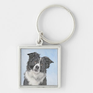 Gräns Collie Painting - Cute Original Hund Art Fyrkantig Silverfärgad Nyckelring