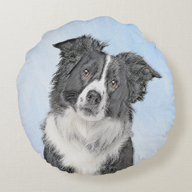 Gräns Collie Painting - Cute Original Hund Art Rund Kudde (Baksidan)