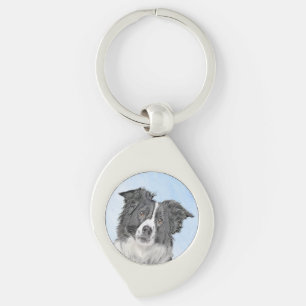 Gräns Collie Painting - Cute Original Hund Art Swirl Silverfärgad Nyckelring