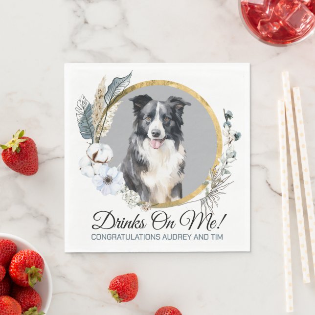 Gräns Collie Pet Bröllop Napkins with Hundar Photo Pappersservett (Insitu)