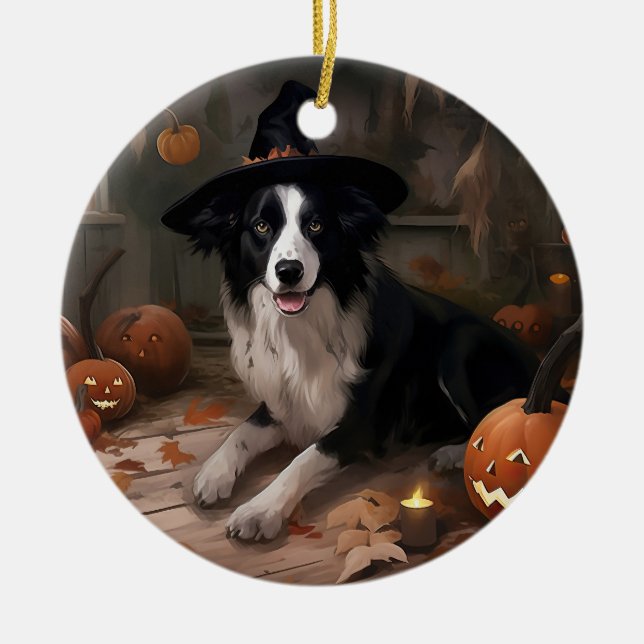 Gräns Collie Pumpkins Halloween Scary Julgransprydnad Keramik (Framsidan)