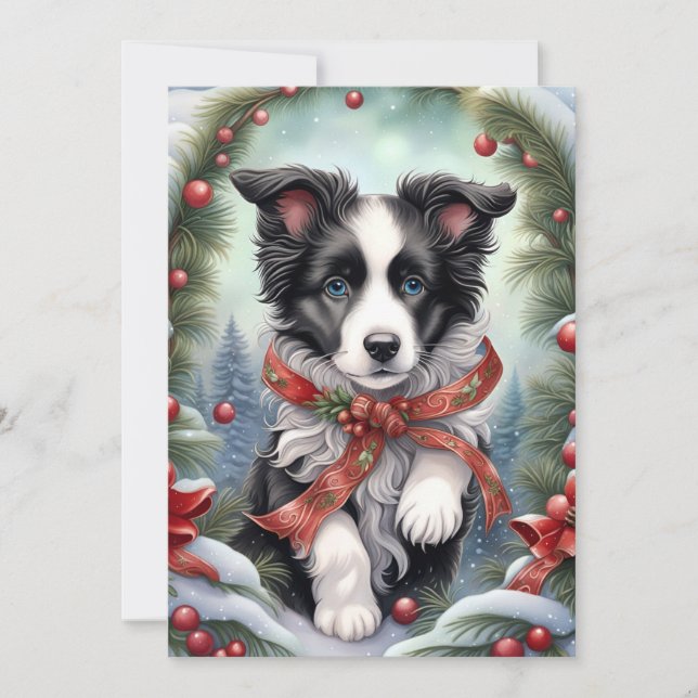 Gräns Collie Puppy Rosett band Winter Woodlands Julkort (Framsida)