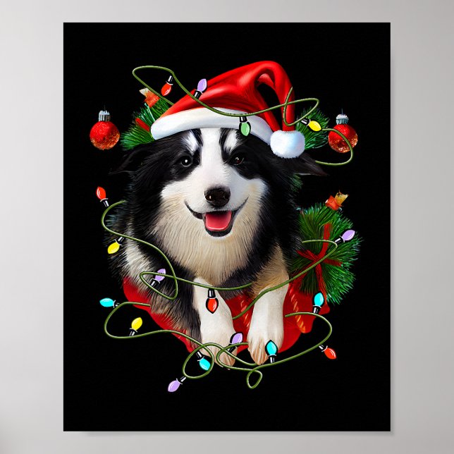 Gräns Collie Reindeer Santa Hat Julafton Ljus Chri Poster (Framsidan)