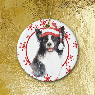 Gräns Collie Santa Hat Red Snowflake Template Julgransprydnad Keramik