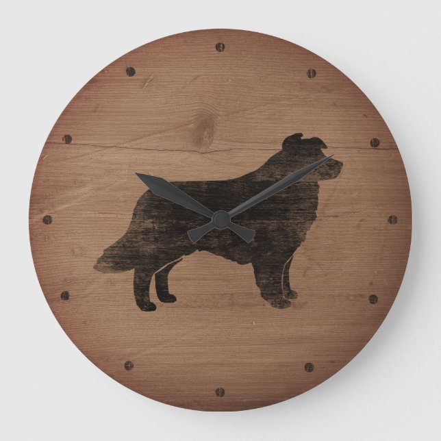 Gräns Collie Silhouette Rustic Stil Stor Klocka (Framsida)