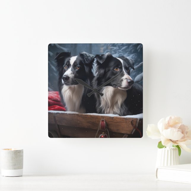 Gräns Collie Snowy Sleigh-juldekretet Fyrkantig Klocka (Hem)