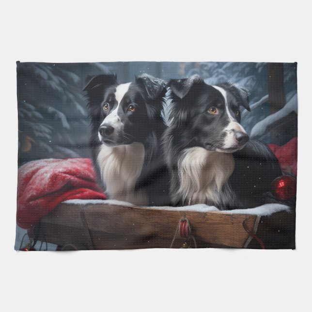 Gräns Collie Snowy Sleigh-juldekretet Kökshandduk (Horisontell)