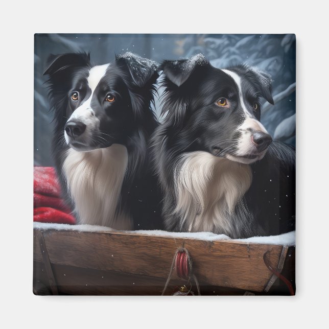 Gräns Collie Snowy Sleigh-juldekretet Magnet (Framsidan)
