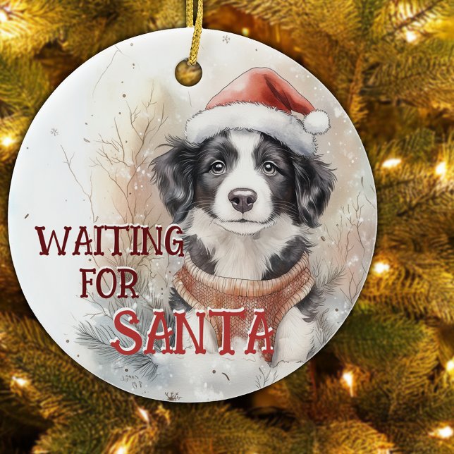 Gräns Collie väntar på jultomten i jultomten Hund Julgransprydnad Keramik (Skapare uppladdad)