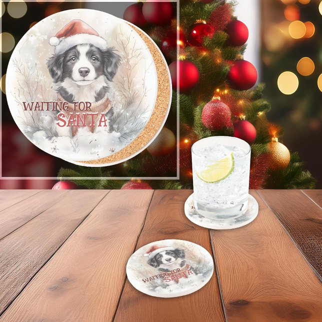 Gräns Collie väntar på Santa Watercolor Underlägg (Border Collie Waiting For Santa Watercolor Coaster. You can personalize the message.)