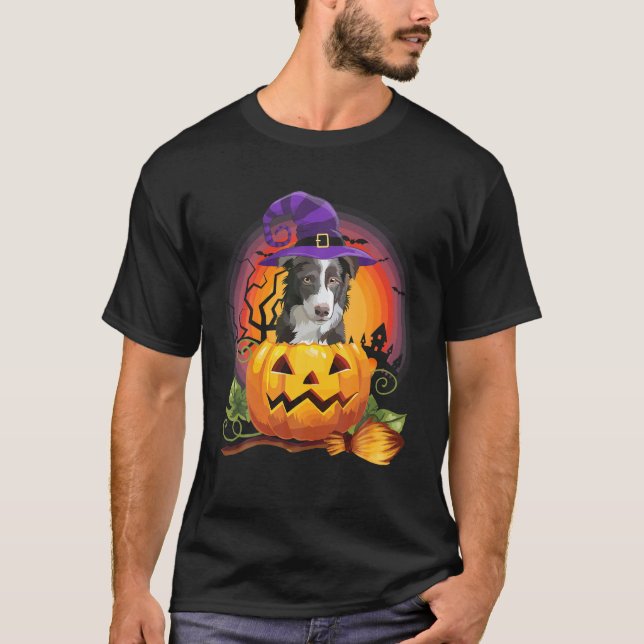 Gräns Collie Witch Pumpkin Halloween Hund älskare T Shirt (Framsida)