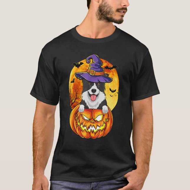 Gräns Collie Witch Pumpkin Halloween Hund T Shirt (Framsida)