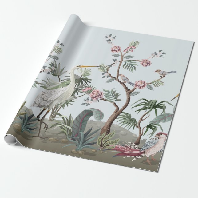 Gräns i Chinoiserie stil med storkar och persikor Presentpapper (Utrullad)