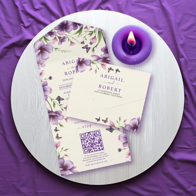 Gräns i lila blommor och OSA QR-kod bröllop (Skapare uppladdad)