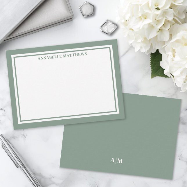Gräns Minimalistiskt Namn Monogram Anteckningskort (Green Border Minimalist Name Monogram Note Card)