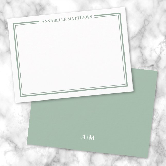 Gräns Minimalistiskt Namn Monogram Anteckningskort (Green Border Minimalist Name Monogram Note Card)