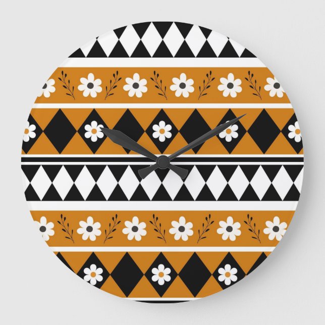 Gräns Rand Flower Diamond Boho Blommönster Stor Klocka (Framsida)