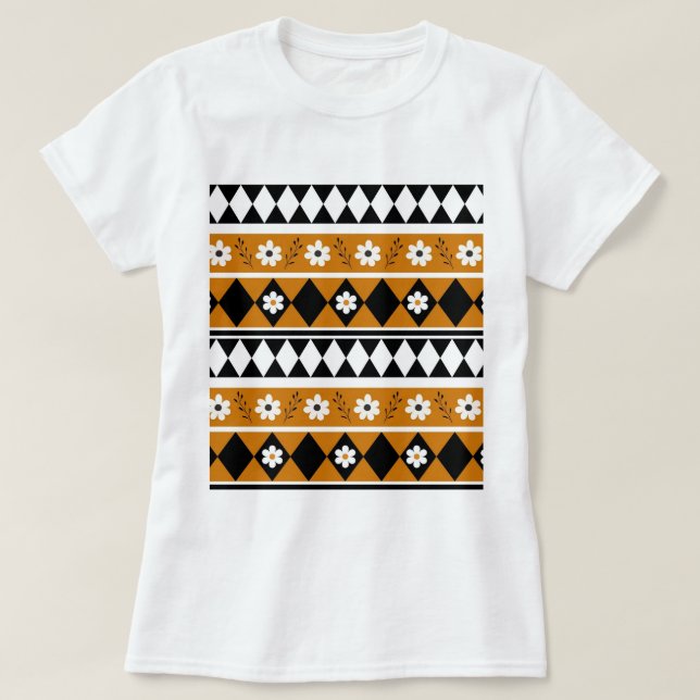 Gräns Rand Flower Diamond Boho Blommönster T Shirt (Design framsida)