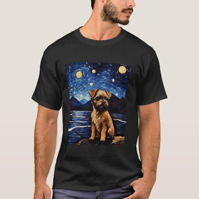 Gräns Terrier Hund Funny Starry Night Van Gogh Art T Shirt (Framsida)