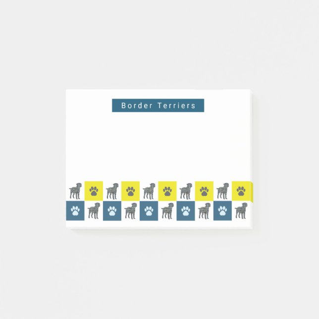 Gräns Terrier Hund & Tass Gult & Blue Grid Linjer Post-it Block (Framsida)