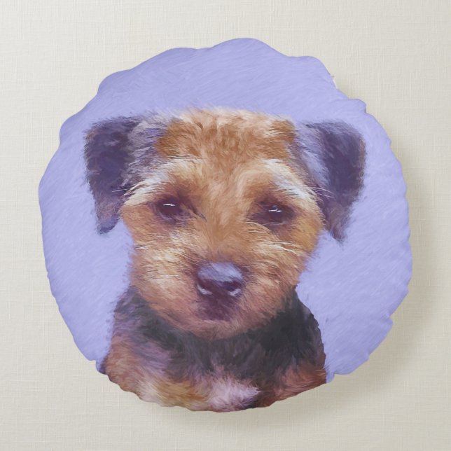 Gräns Terrier-målning - Cute Original Hund Art Rund Kudde (Baksidan)