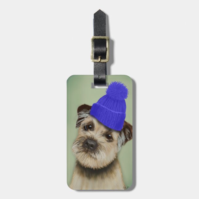 Gräns Terrier med Blue Bobble Hat Bagagebricka (Vertikal Framsida)