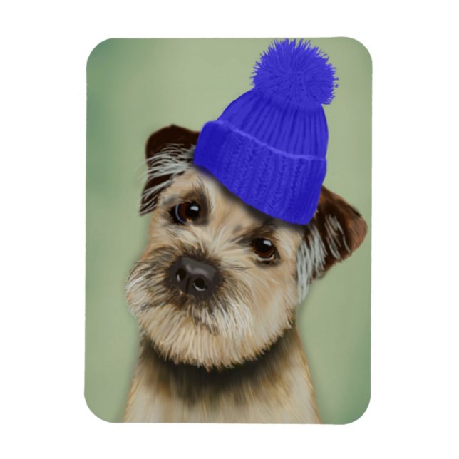 Gräns Terrier med Blue Bobble Hat Magnet (Vertikal)