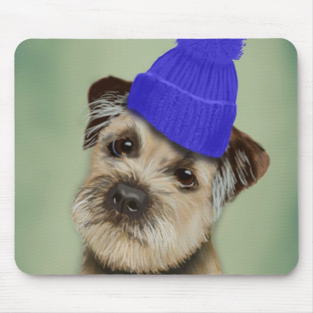 Gräns Terrier med Blue Bobble Hat Musmatta (Framsidan)