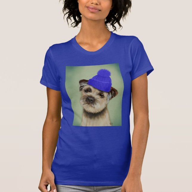 Gräns Terrier med Blue Bobble Hat Tee Shirt (Framsida)