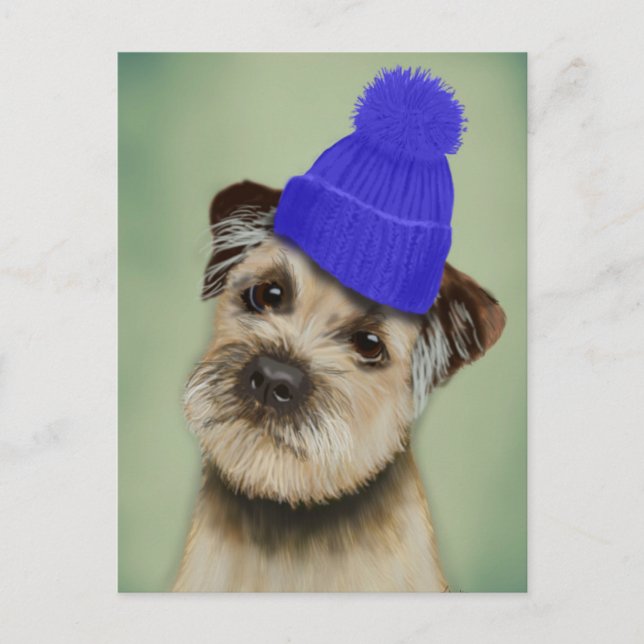 Gräns Terrier med Blue Bobble Hat Vykort (Framsida)