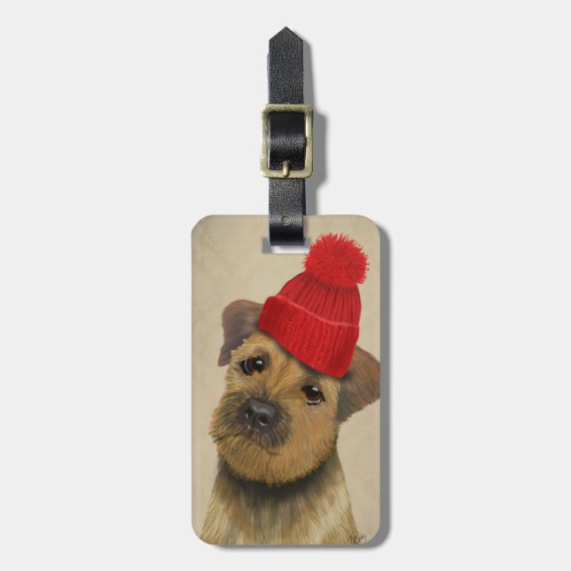 Gräns Terrier med Red Bobble Hat Bagagebricka (Vertikal Framsida)