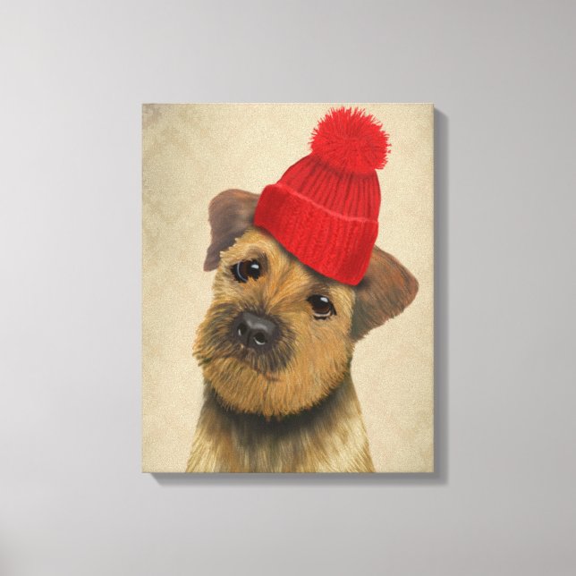 Gräns Terrier med Red Bobble Hat Canvastryck (Framsida)