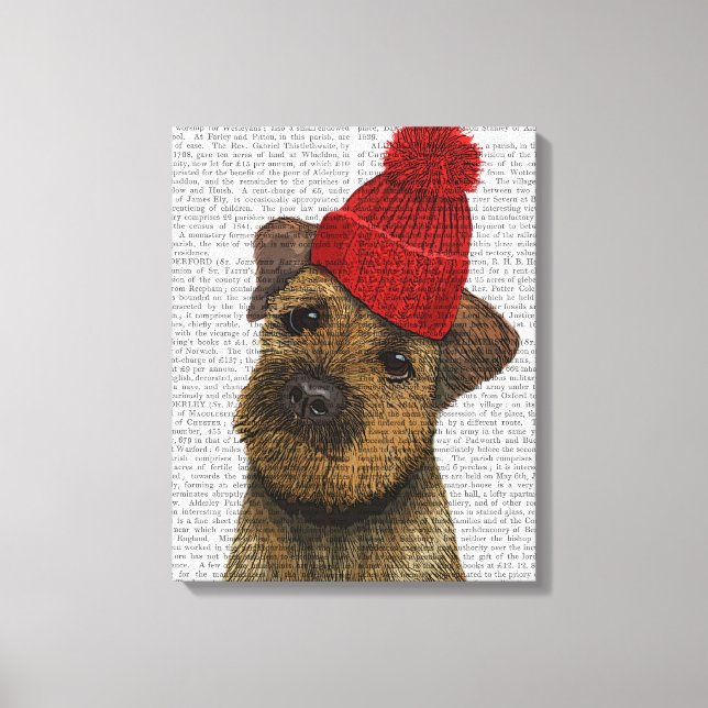 Gräns Terrier med Red Bobble Hat Canvastryck (Framsida)