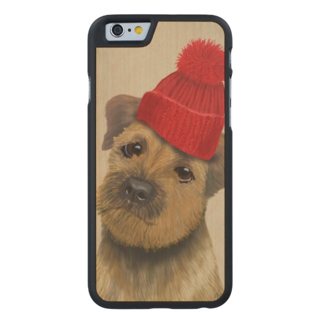 Gräns Terrier med Red Bobble Hat Carved Wood iPhone Skal (Baksidan)