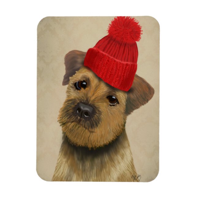 Gräns Terrier med Red Bobble Hat Magnet (Vertikal)