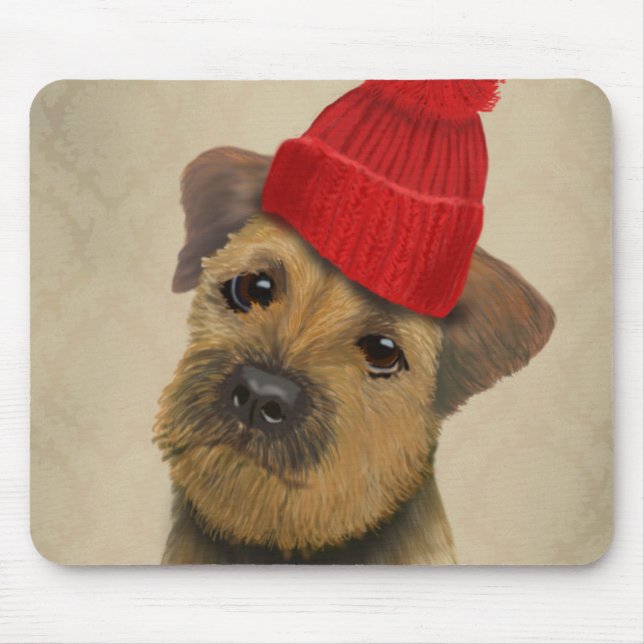 Gräns Terrier med Red Bobble Hat Musmatta (Framsidan)