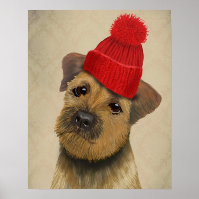 Gräns Terrier med Red Bobble Hat Poster (Framsidan)