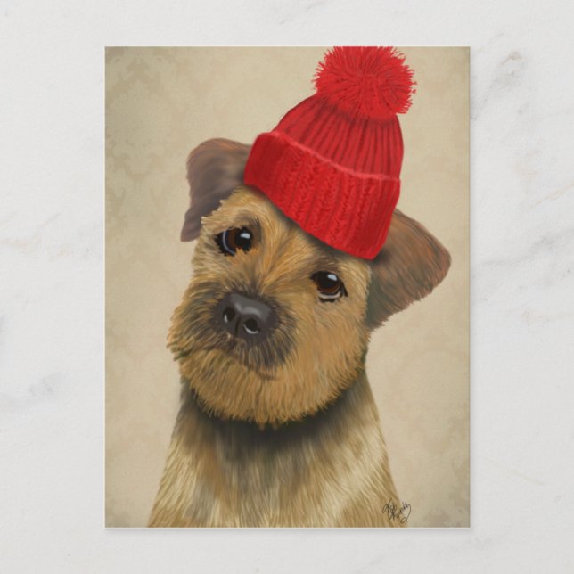 Gräns Terrier med Red Bobble Hat Vykort (Framsida)