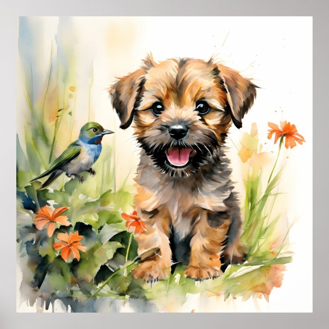 Gräns Terrier Puppy med Hummingbird Poster (Framsidan)